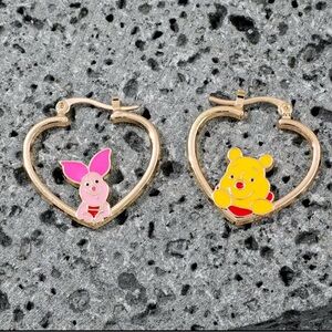 14K Gold Disney Winnie The Pooh & Piglet Heart Shaped Hoop Earrings Asymmetrical